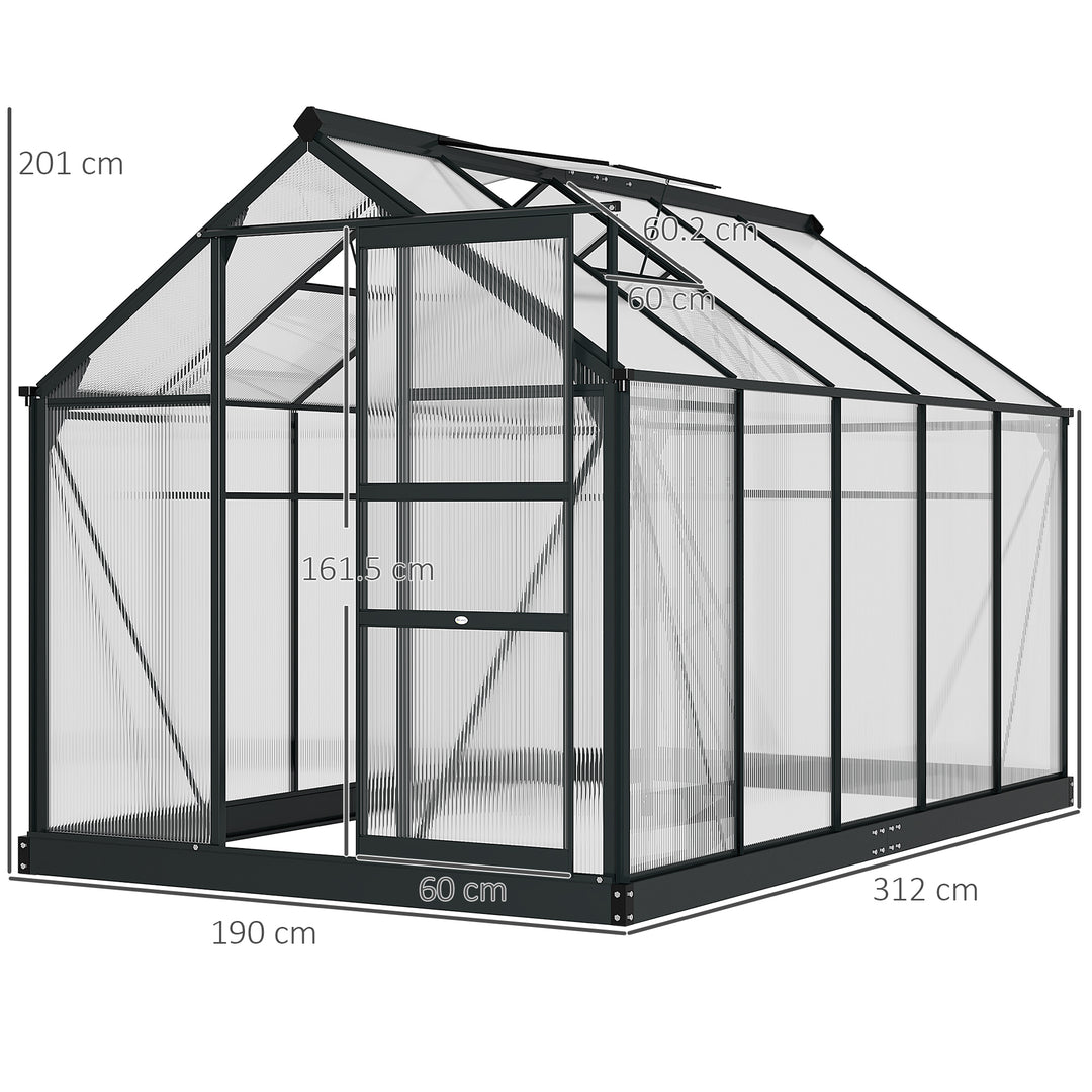 6 x 10ft Polycarbonate Greenhouse, Large Walk-In Green House with Slide Door and Window, Garden Plants Grow House with Aluminium Frame and Foundation, Grey