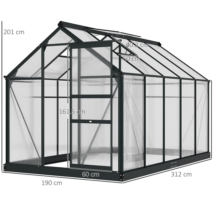 6 x 10ft Polycarbonate Greenhouse, Large Walk-In Green House with Slide Door and Window, Garden Plants Grow House with Aluminium Frame and Foundation, Grey