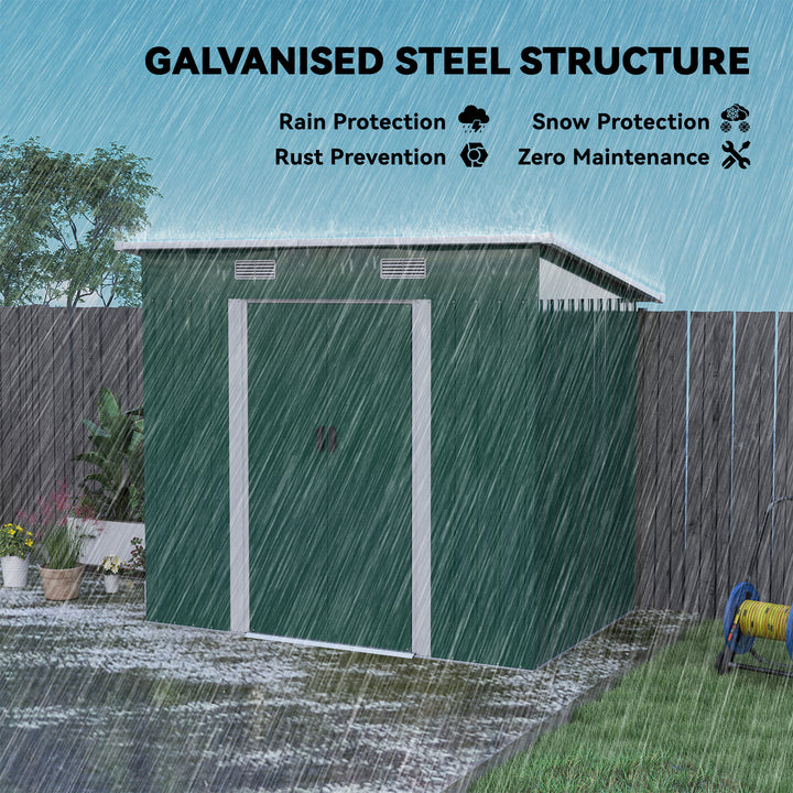 7 x 4ft Outdoor Storage Shed with Foundation Kit, Lean to Metal Garden Shed for Log, Rubbish Bin, Tool, Lawnmower, Bike, Patio and Lawn Use, Green