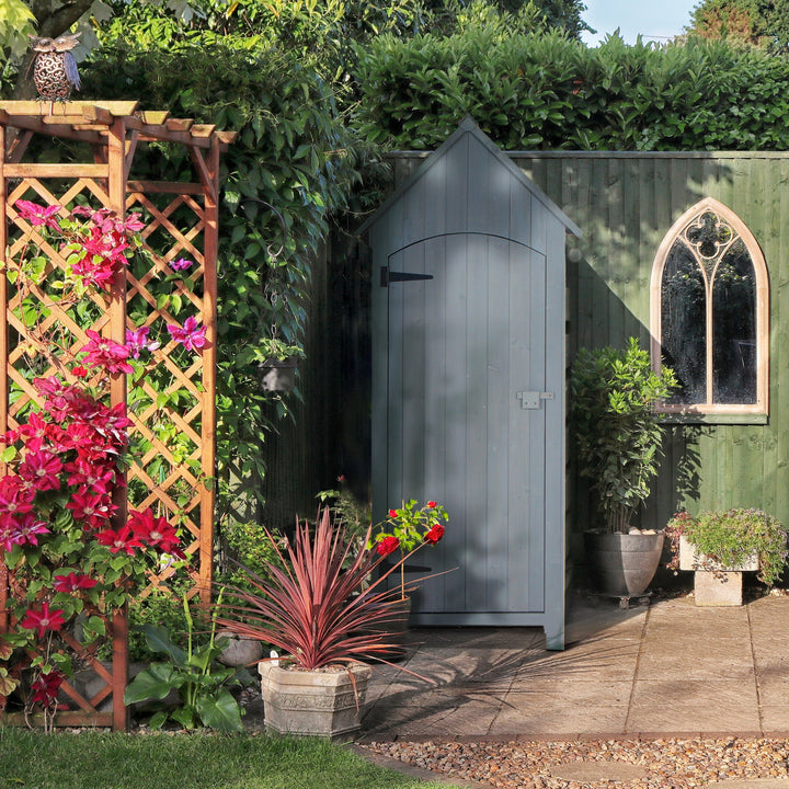 MCL Wooden Garden Storage Shed with 3 Shelves, Outdoor Tool Storage Cabinet with Tilt Roof and Lockable Door, 77.5 x 54.2 x 179.5 cm, Grey