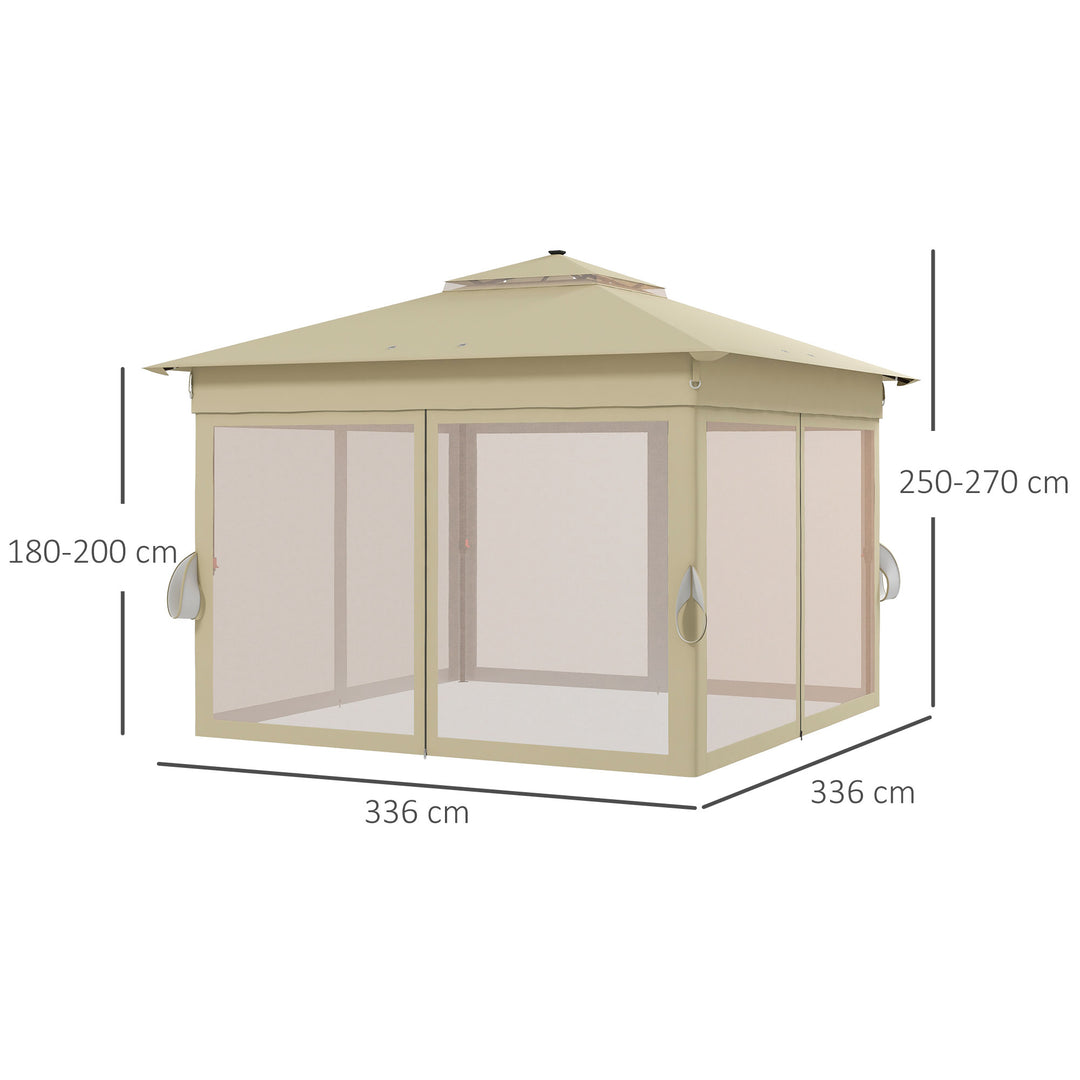3 x 3(m) Pop Up Gazebo Party Tent with Solar-Powered LED Lights, Adjustable Event Shelter with Netting, Khaki