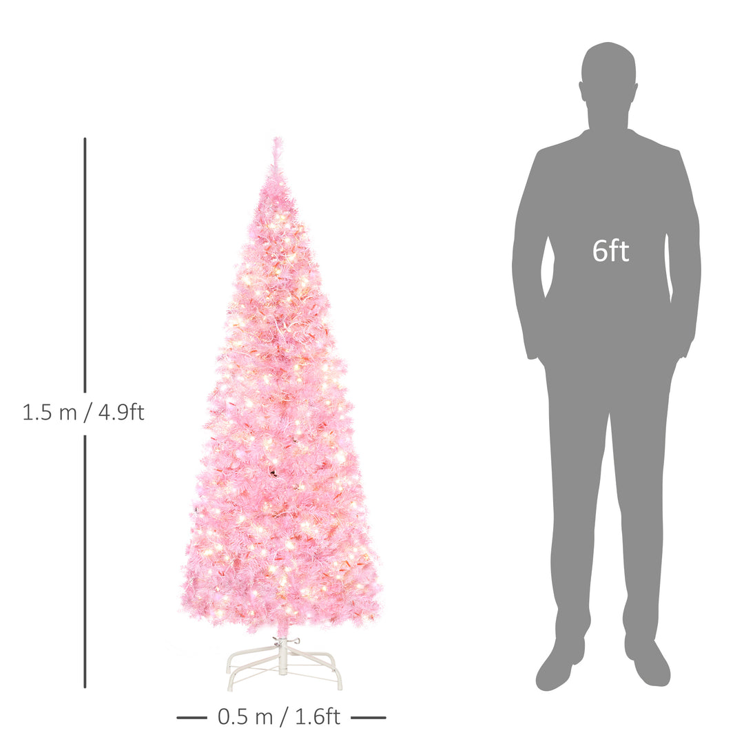 5FT Tall Prelit Pencil Slim Artificial Christmas Tree with Realistic Branches, Warm White LED Lights and 408 Tips, Xmas Decoration, Pink