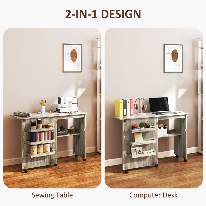 Folding Sewing Table, Drop Leaf Craft Table with Storage Bins, Open Shelf and Wheels, Rolling Sewing Machine Cabinet Computer Desk for Small Space, Grey