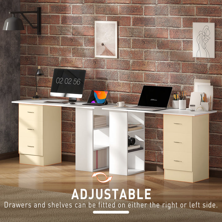 HOMCOM Computer Desk, Writing Table, PC Workstation with 3 Storage Shelves and Drawers, Silver Handle, for Home Office, White