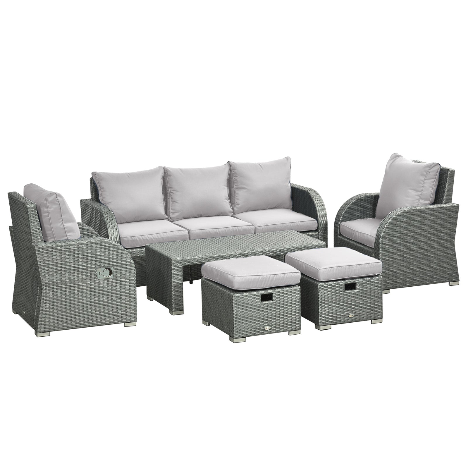 Six-piece Outdoor Rattan Dining Set, Outdoor Sofa Set with Reclining Armchairs and Mental Frame, Grey