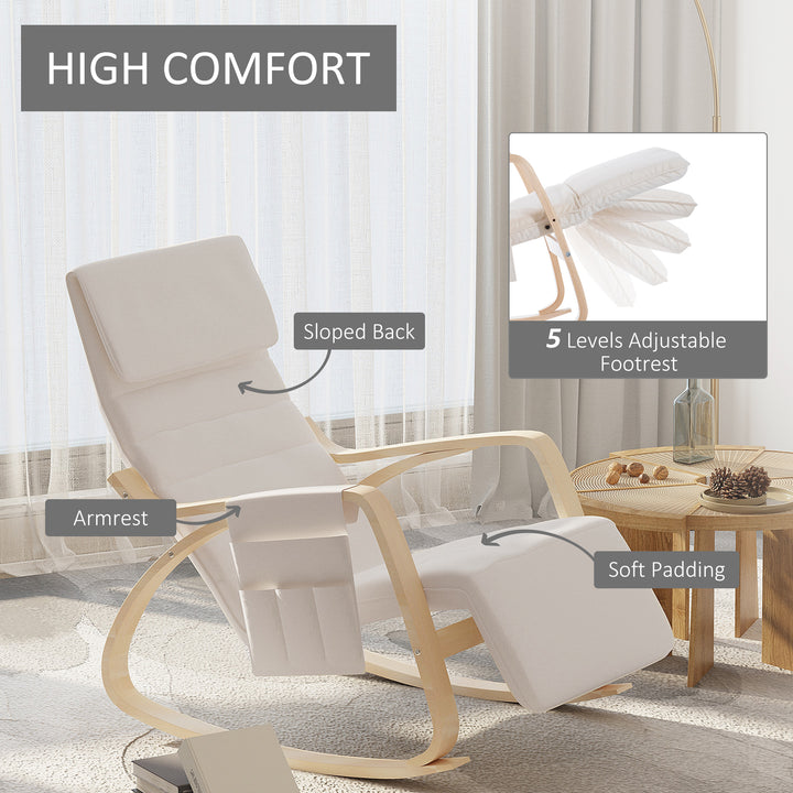 HOMCOM Rocking Lounge Chair Recliner Relaxation Lounging Relaxing Seat with Adjustable Footrest, Side Pocket and Pillow, Cream White | Aosom UK