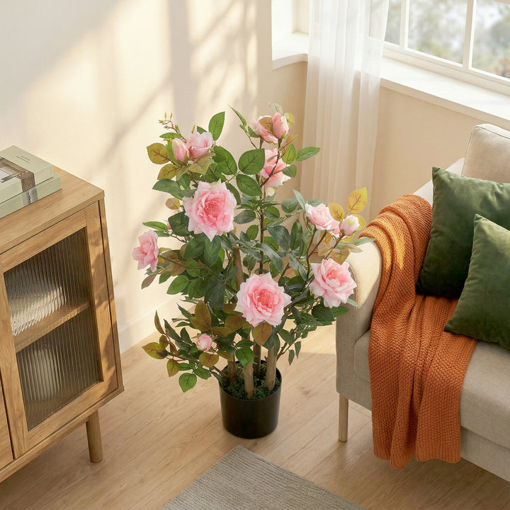 90cm Artificial Rose Tree, Decorative Fake Plant with 344 Silk Leaves 
