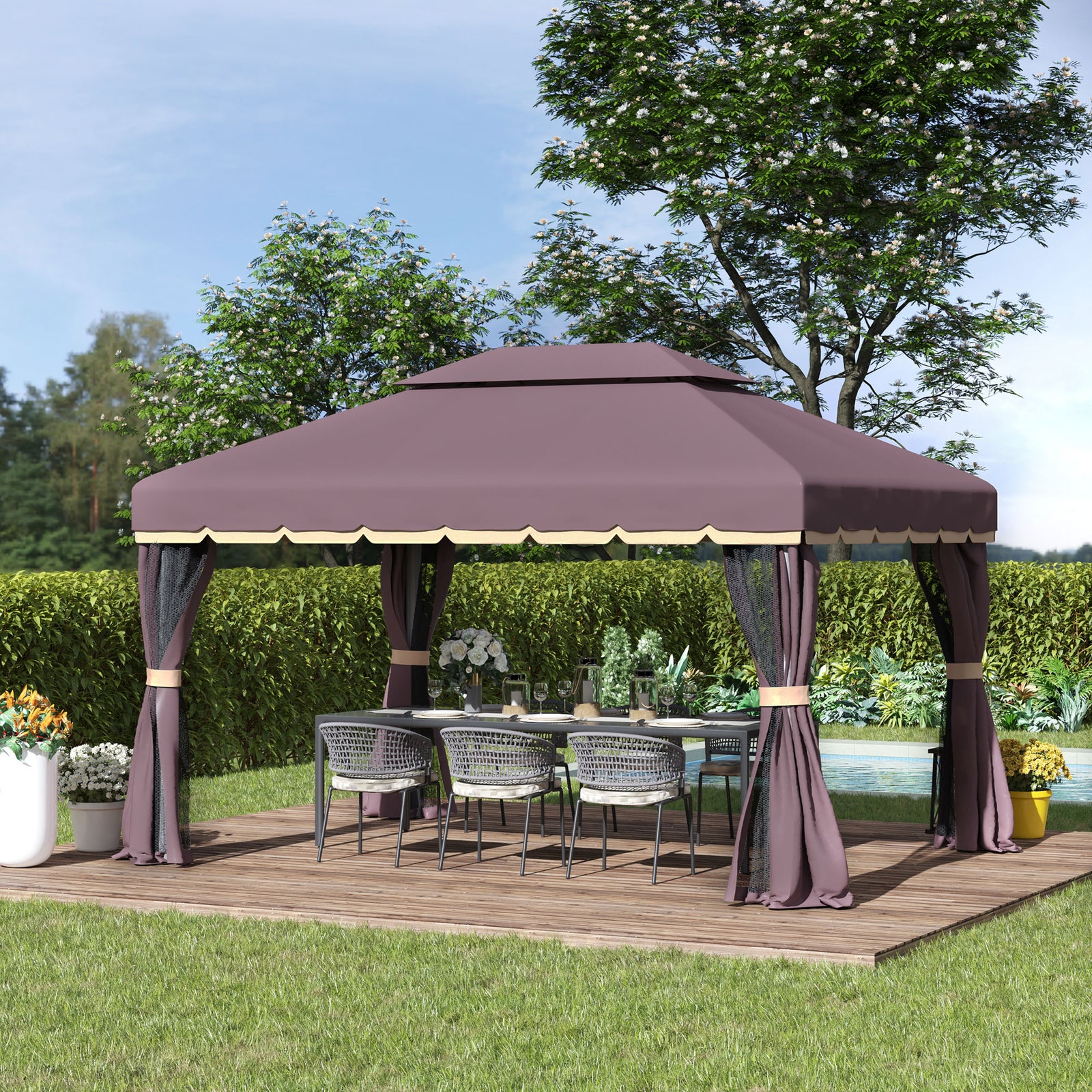 3 x 4m Aluminium Garden Gazebo, Marquee Canopy Shelter Pavilion Party Tent with Nets and Curtains for Garden and Deck, Coffee