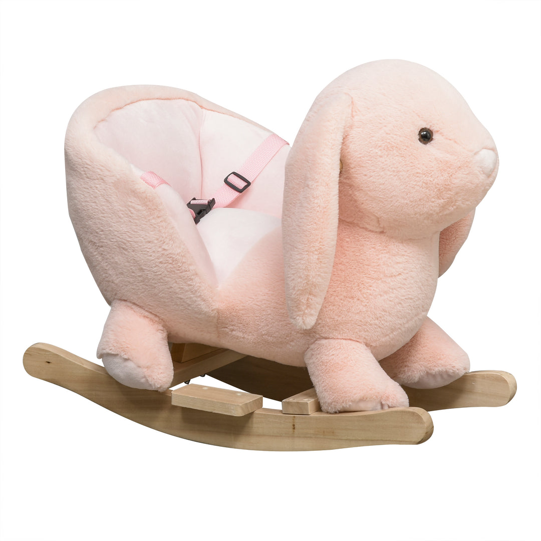 MCL Kids Rocking Rabbit, Plush Rocking Horse Ride-On w/ Sound, Wood Base, Seatbelt, for Ages 18-36 Months, Pink