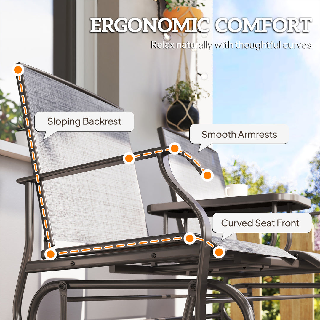 MCL 2 Seats Garden Glider Bench, Metal Frame Loveseat with Glass Top  Centre Table, Porch Rocking Glider for 2 Person, for Deck, Patio, Brown/ Grey