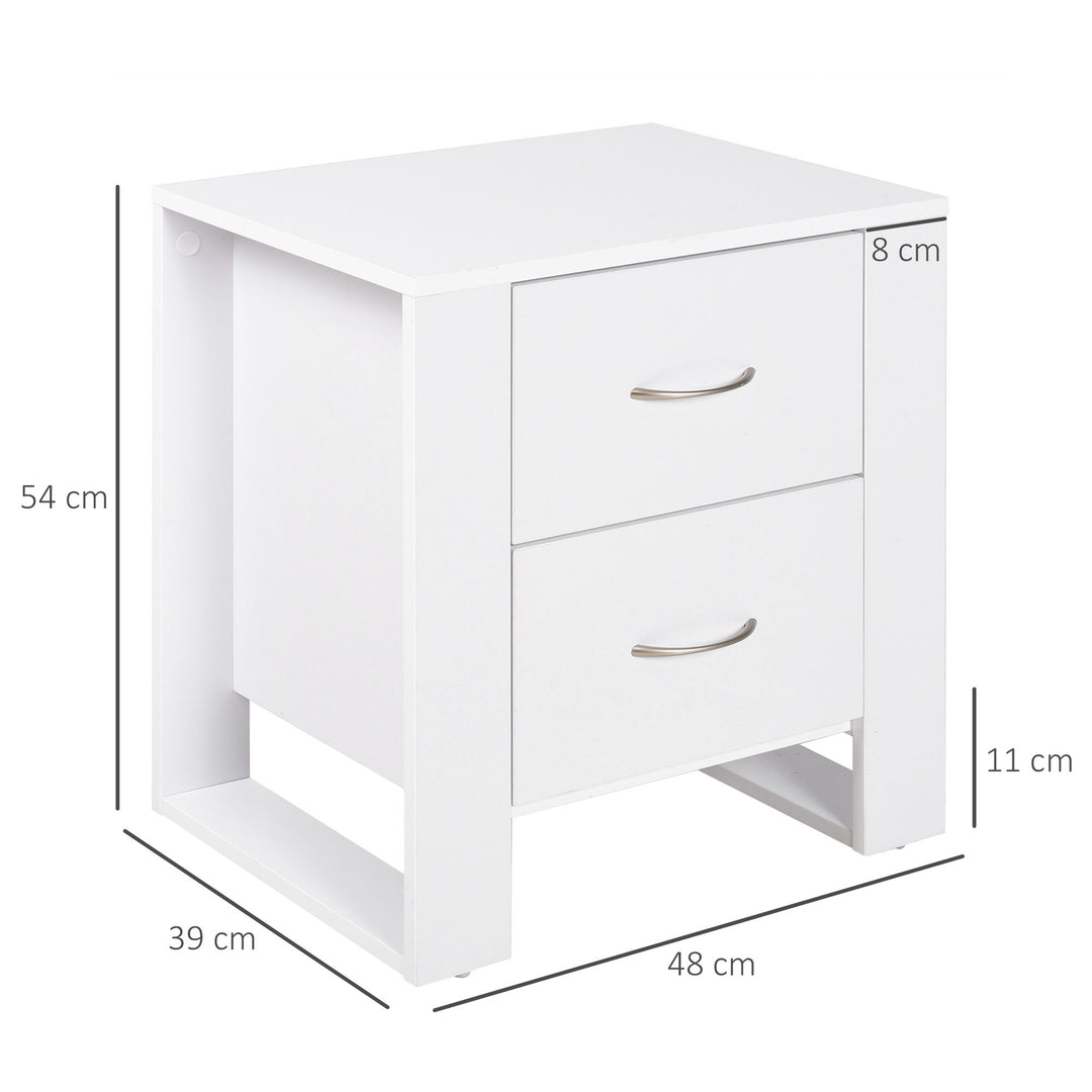 HOMCOM Bedside Cabinet Pair with Dual Drawers, Modern Nightstand with Metallic Handles & Raised Base, Bedroom Side Table, Set of 2, White