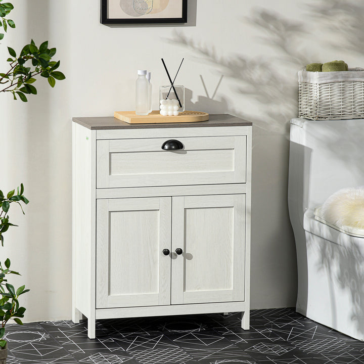 MCL Bathroom Floor Cabinet, Freestanding Storage Cupboard with Drawer, Double Door Cabinet and Adjustable Shelf, White