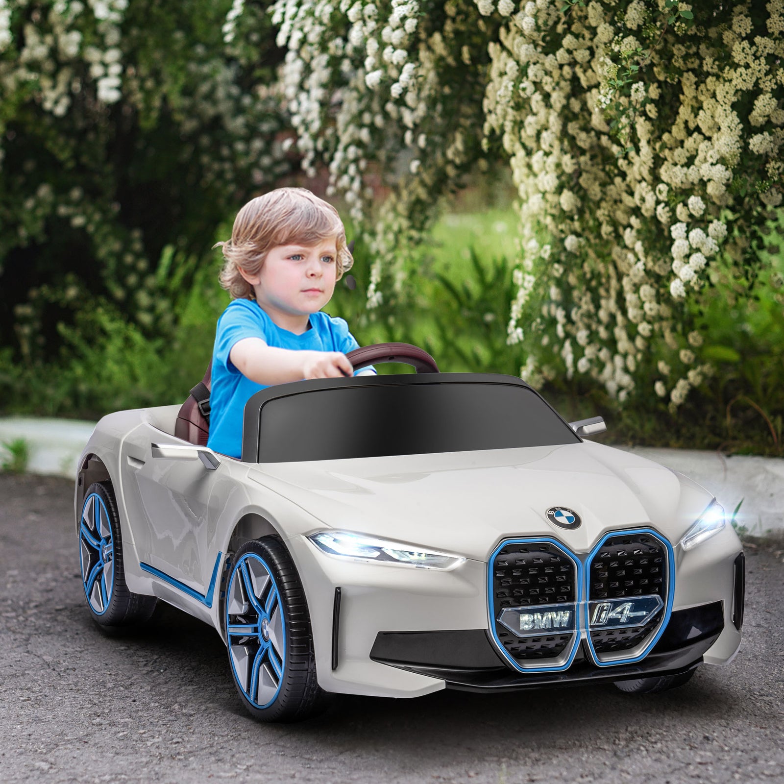 BMW i4 Licensed 12V Kids Electric Ride-On Car, White, Red and Light Blue