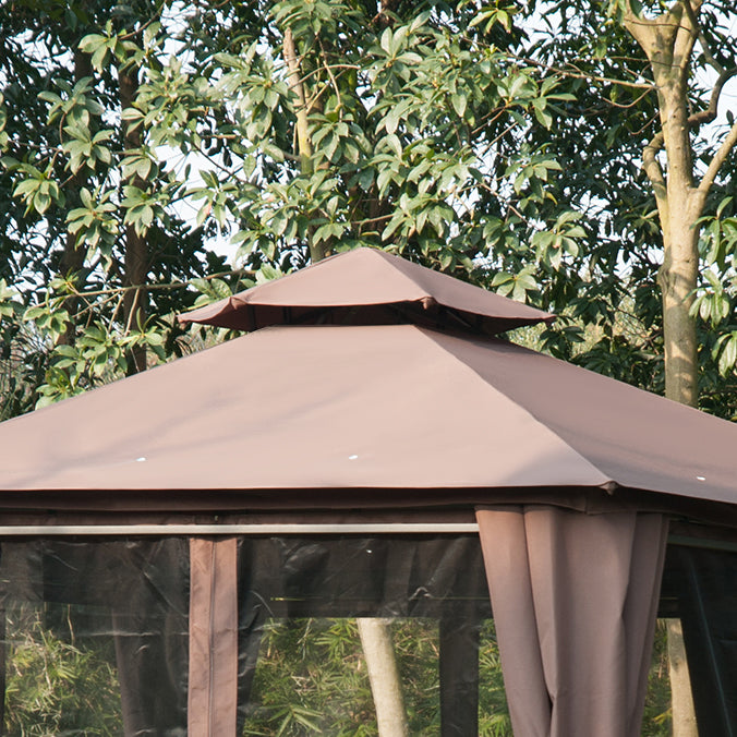 Outsunny Waterproof Hexagon Gazebo Patio Canopy Party Tent Outdoor Garden Shelter w/ 2 Tier Roof & Side Panel - Brown | Aosom UK