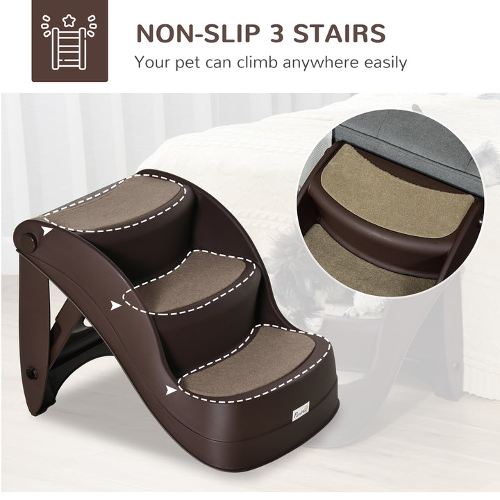 PawHut Foldable Pet Stairs Portable Dog Steps 3-Step Design with Non-slip Mats for High Beds, Sofas, 49 x 38 x 38 cm, Brown | Aosom UK