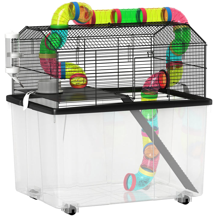 Two-Tier Hamster Cage with 31cm Deep Tray, Tube System, Water Bottle, Ramp, Feeding Bowl, Multicoloured
