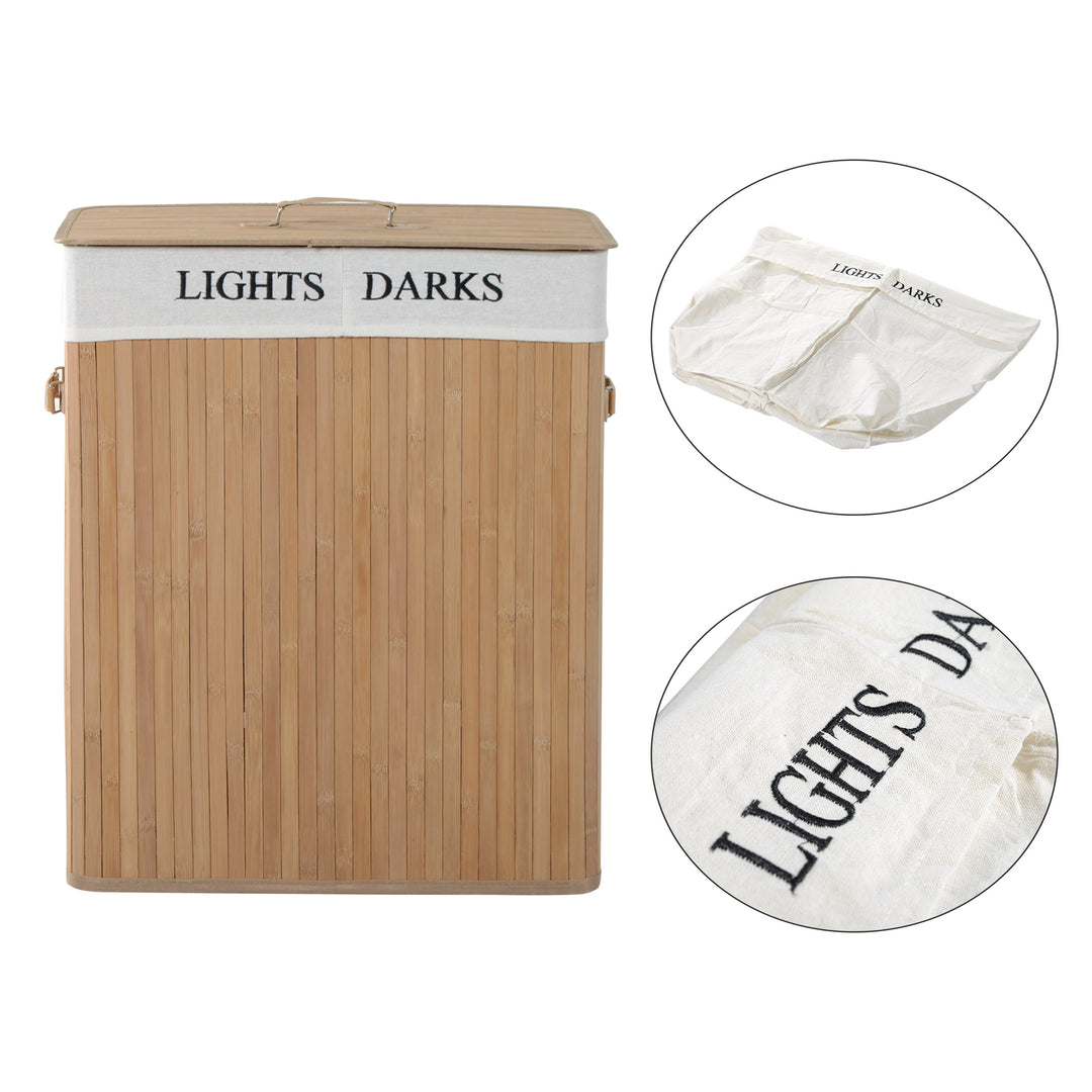 100L Collapsible Natural Wood Laundry Hamper Organizer Clothes Washing Basket Bin Storage Box w/Lid Removable Lining 52x32x63cm, Wood Color