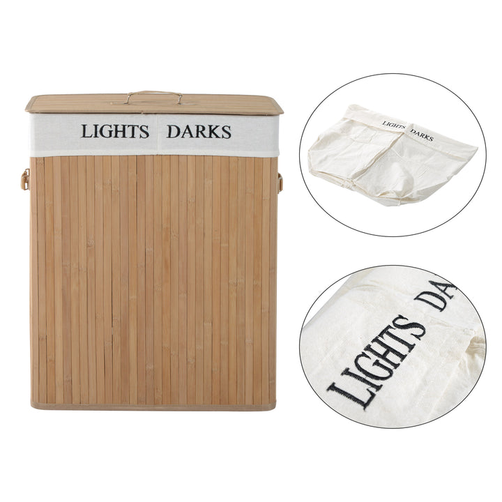 100L Collapsible Natural Wood Laundry Hamper Organizer Clothes Washing Basket Bin Storage Box w/Lid Removable Lining 52x32x63cm, Wood Color