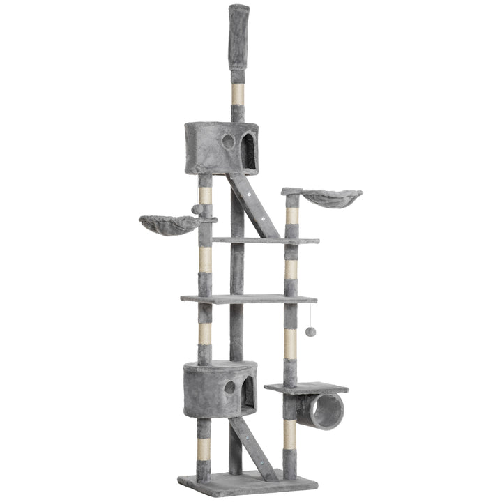 PawHut Floor to Ceiling Cat Tree for Indoor Cats 240-260cm Adjustable Height Light Grey | Aosom UK