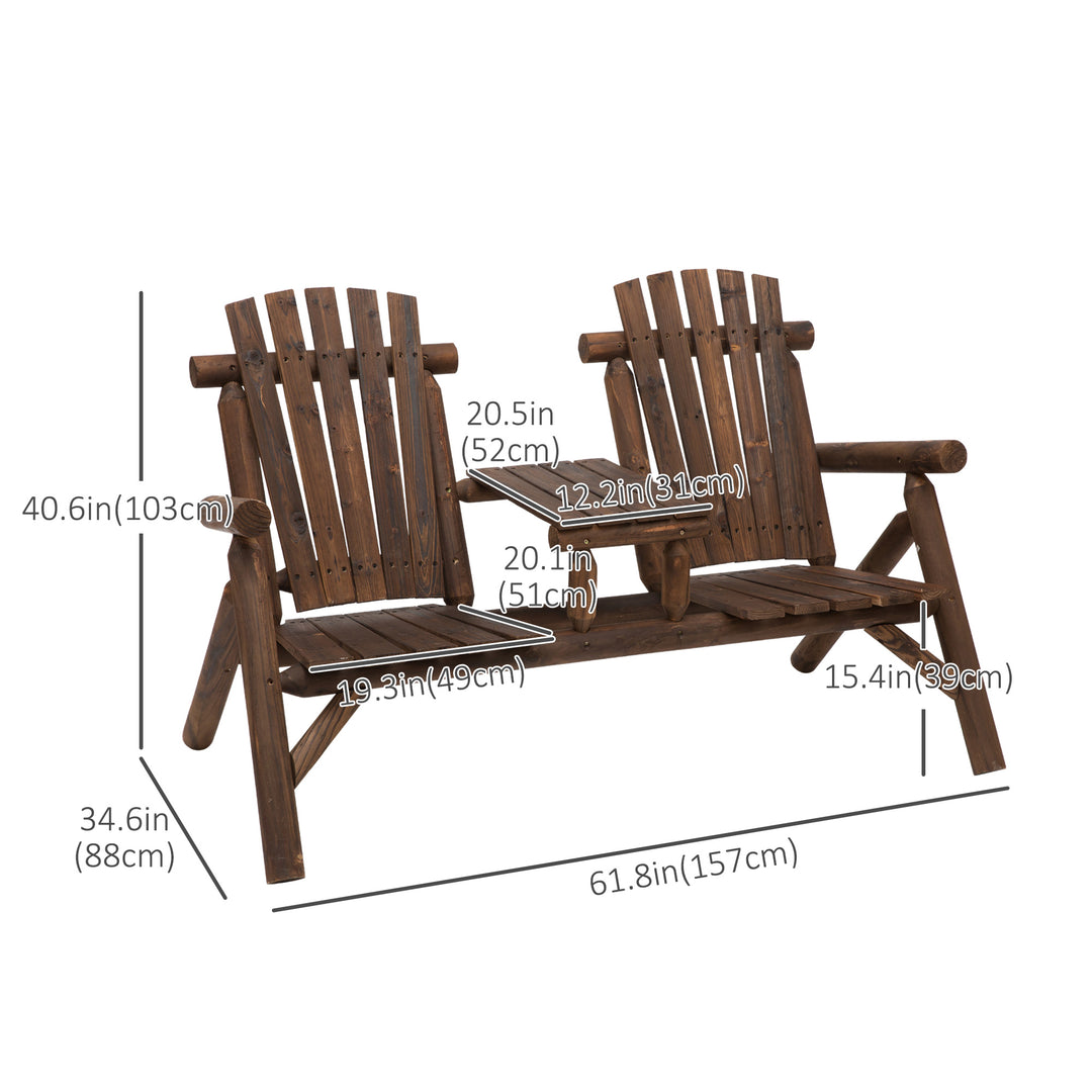 Wood Patio Chair Bench 2 Seats Jack and Jill Seat w/ Center Coffee Table, Garden Bench, Carbonized