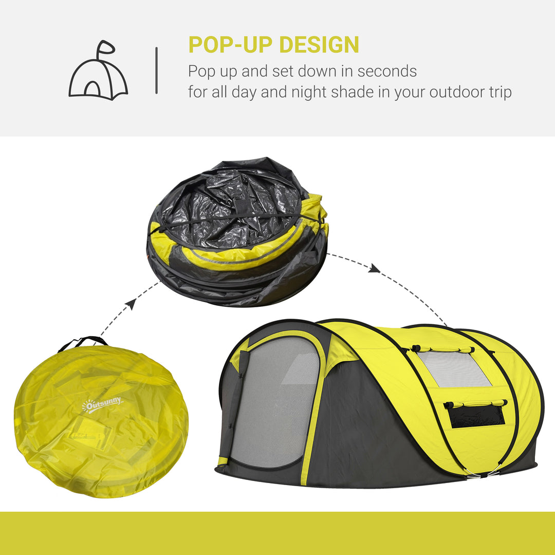 4 Person Pop-up Camping Tent Family Tent with Ground Sheet, 4 Windows and Portable Carry Bag for Beach Outdoor Trip, Yellow