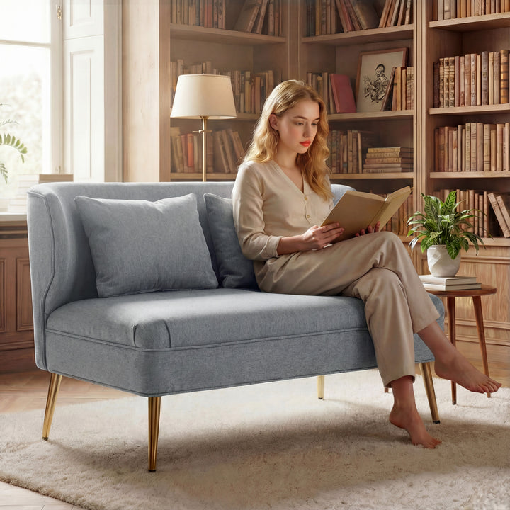 2 Seater Sofa, Linen-look Fabric Small Sofa with Wing Back, Thick Seat, Metal Legs