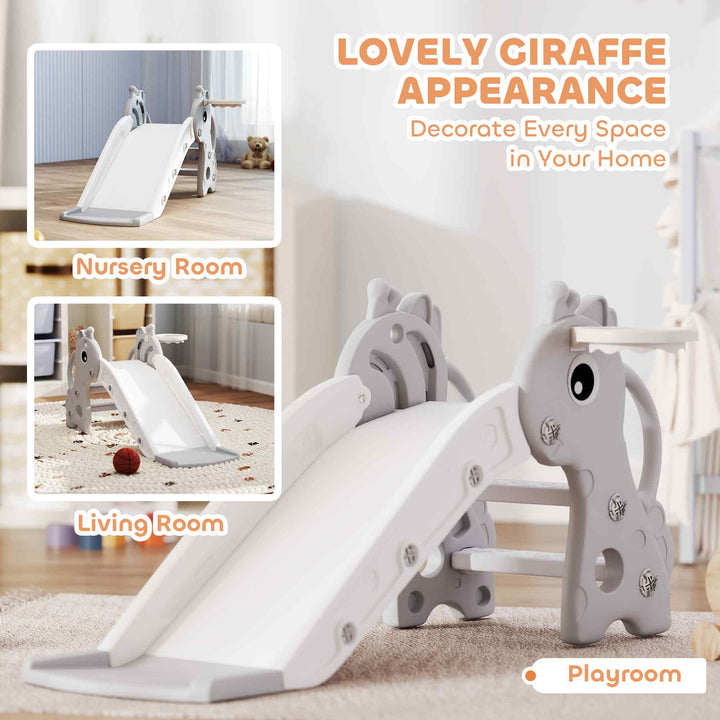 AIYAPLAY 3 in 1 Kids Slide with Climber, Basketball Hoop and Ball, Giraffe Shape Climber Slide for Indoor Kids Age 1-3, Grey