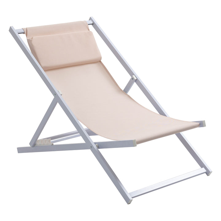 Set of 2 Folding Garden Beach Aluminium Frame Deck Chairs Deckchairs Seaside Folding Garden Patio Lounger, Beige