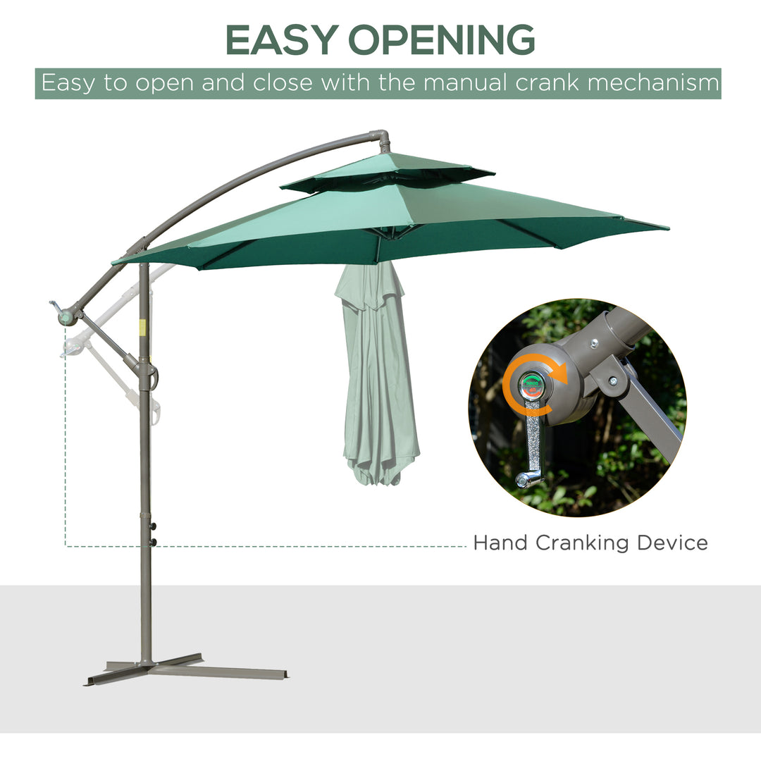 2.7m Banana Parasol Cantilever Umbrella with Crank Handle, Double Tier Canopy and Cross Base for Outdoor, Hanging Sun Shade, Green