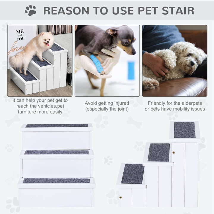 MCL 3 Step Wooden Dog Steps Pet Stairs for Dogs, Cat Ladder for Bed Couch with Storage White