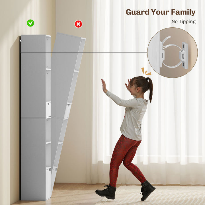 MCL 6-Tier Bookcase, Tall Narrow Bookshelf with Drawer and Door - White