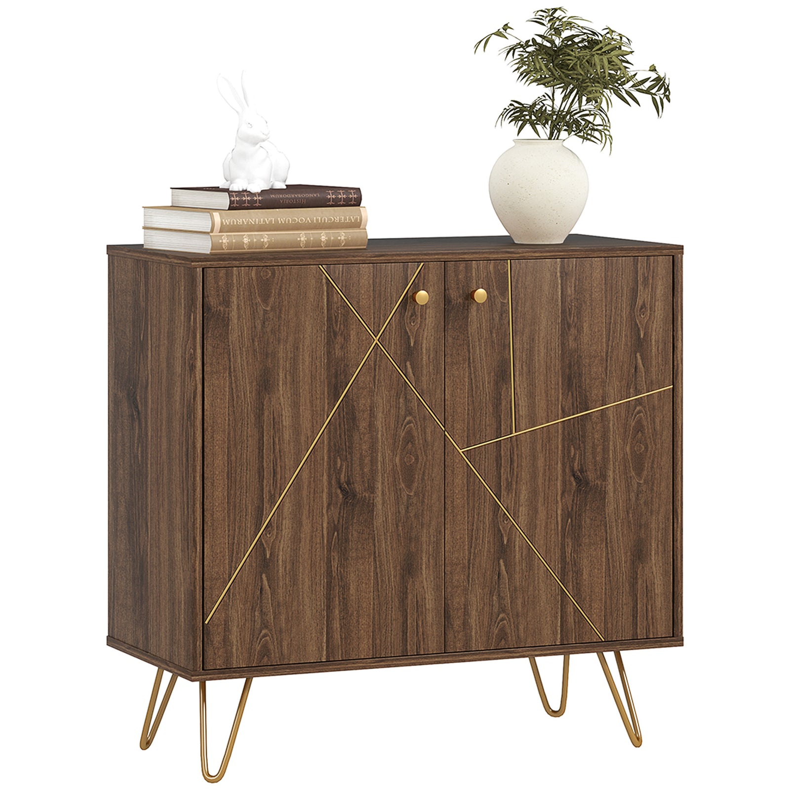 Sideboard Storage Cabinet with Golden Lines, Modern Luxury Living Room Cabinet with Adjustable Shelf, Steel Harpin Legs, Brown