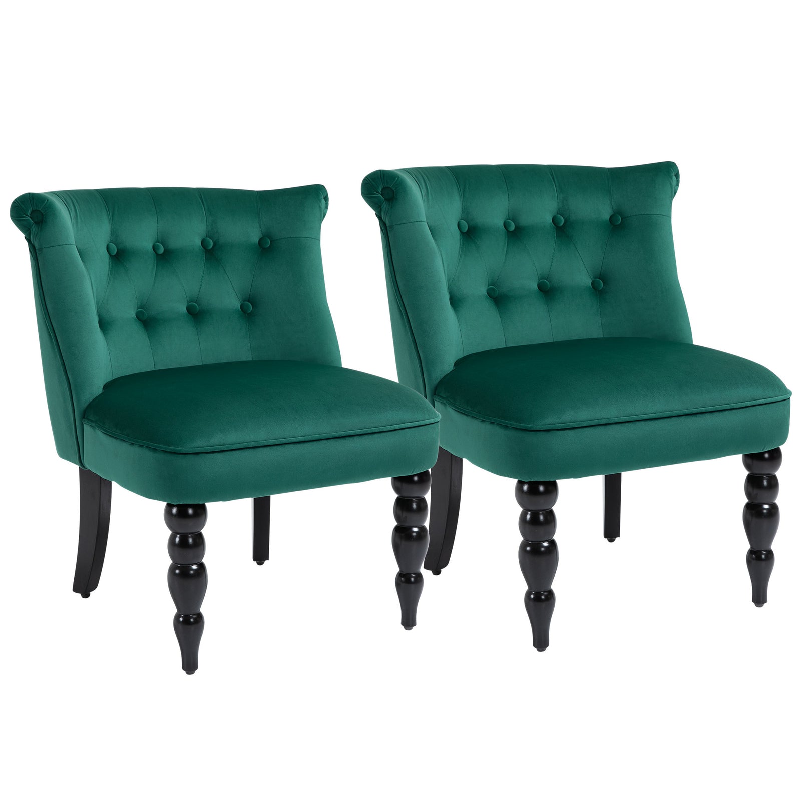 Velvet Accent Chair Set of 2, Button Tufted Wingback Chair with Rubber Wood Legs for Living Room, Bedroom, Dark Green