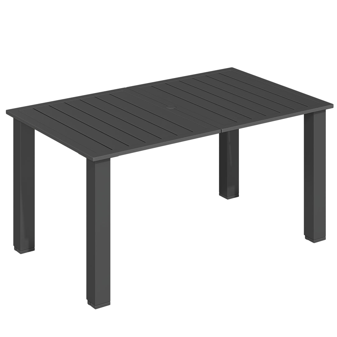 Garden Table with Parasol Hole for 6 Person, Rectangle Outdoor Dining Table with Slatted Metal Tabletop, Steel Frame for Patio, Balcony, 150 x 90 x 73 cm, Black