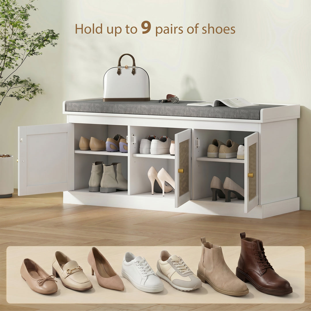 Shoe Storage Bench with Woven Rattan Doors, Seat - White