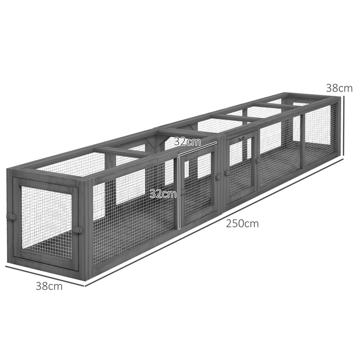 Cat Tunnel, 250cm Extra Long Wooden Cat Play Tunnel with 8 Doors, L-shape/Rectangle, Outdoor Cat Enclosure, Dark Grey