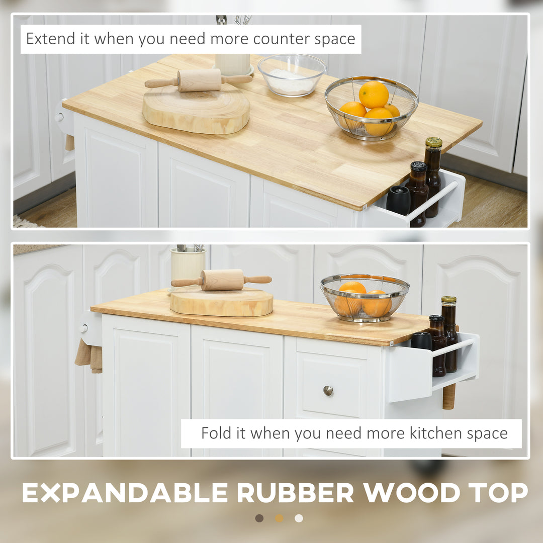 Kitchen Island with Drop Leaf, Rolling Kitchen Storage Trolley on Wheels with 3 Drawers, Spice Rack and Towel Rack, Storage Cart with Rubber Wood Top, White