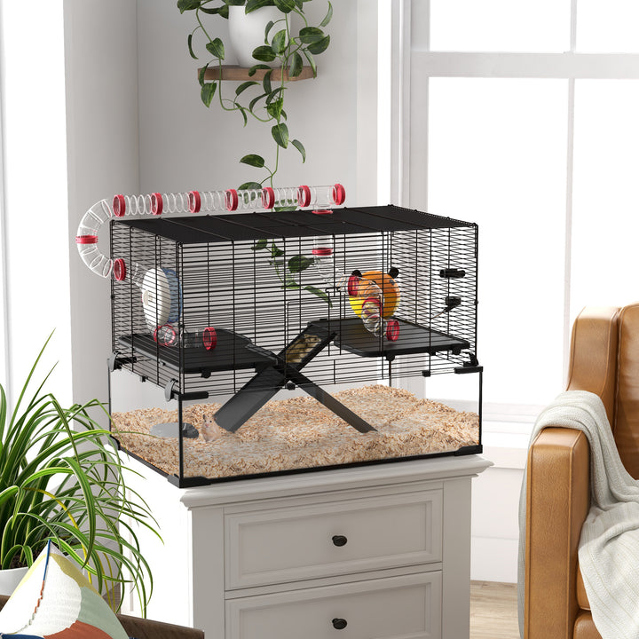 PawHut Gerbil Cage Dwarf Hamster with Deep Glass Bottom, Tunnels Tubes, Ramps, Hut, Exercise Wheel, 78.5 x 48.5 x 57cm