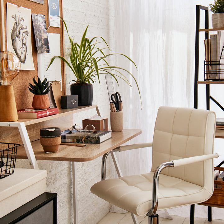 Home Office Chair and Computer Desk Set, Faux Leather Desk Chair with Swivel Wheels, Study Desk with Storage Shelf, White