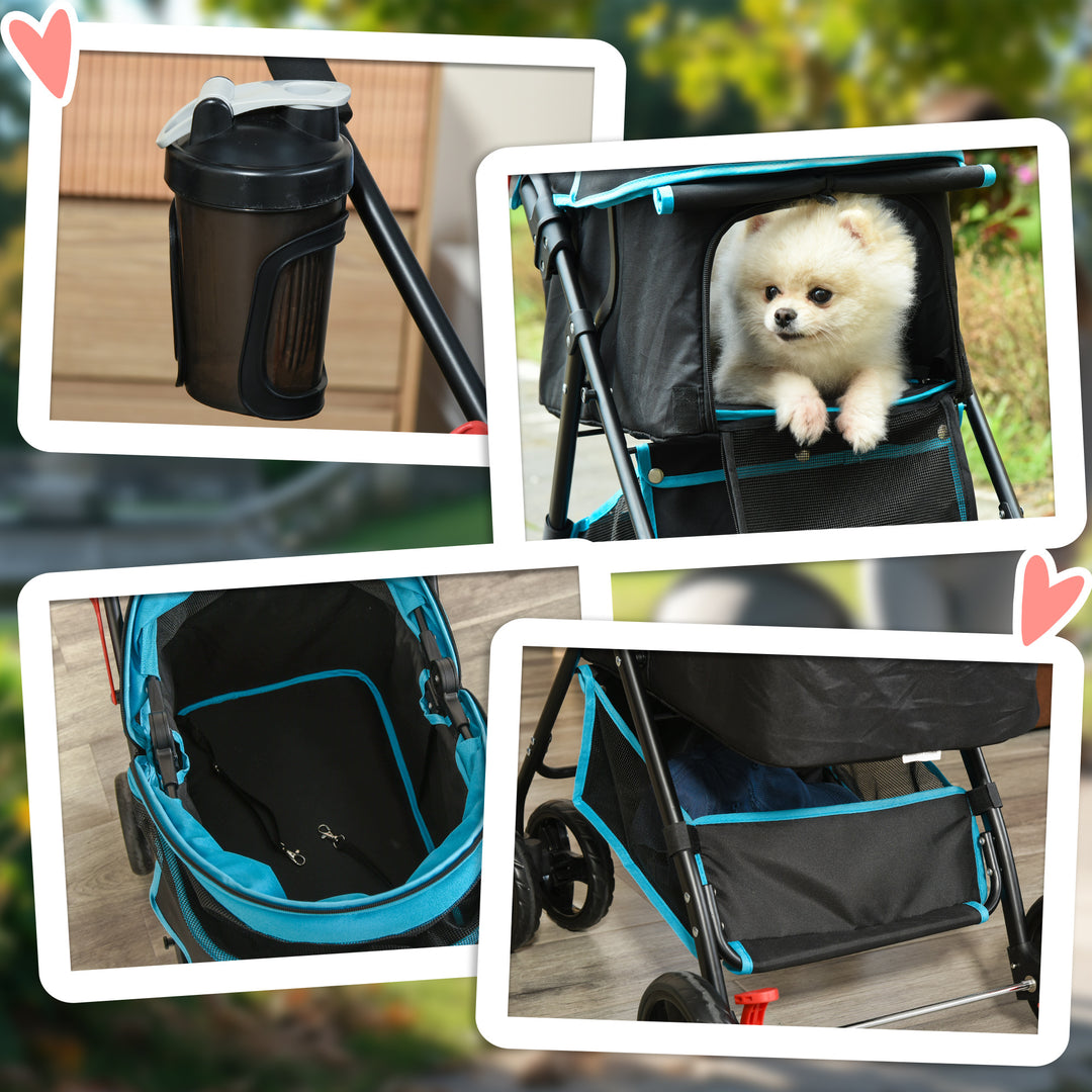 PawHut Dog Stroller Dog Pram Cat Stroller with Cup Holder, Bottom Storage Pocket & Zipper to Keep Your Pet Strapped in, Black & Blue | Aosom UK