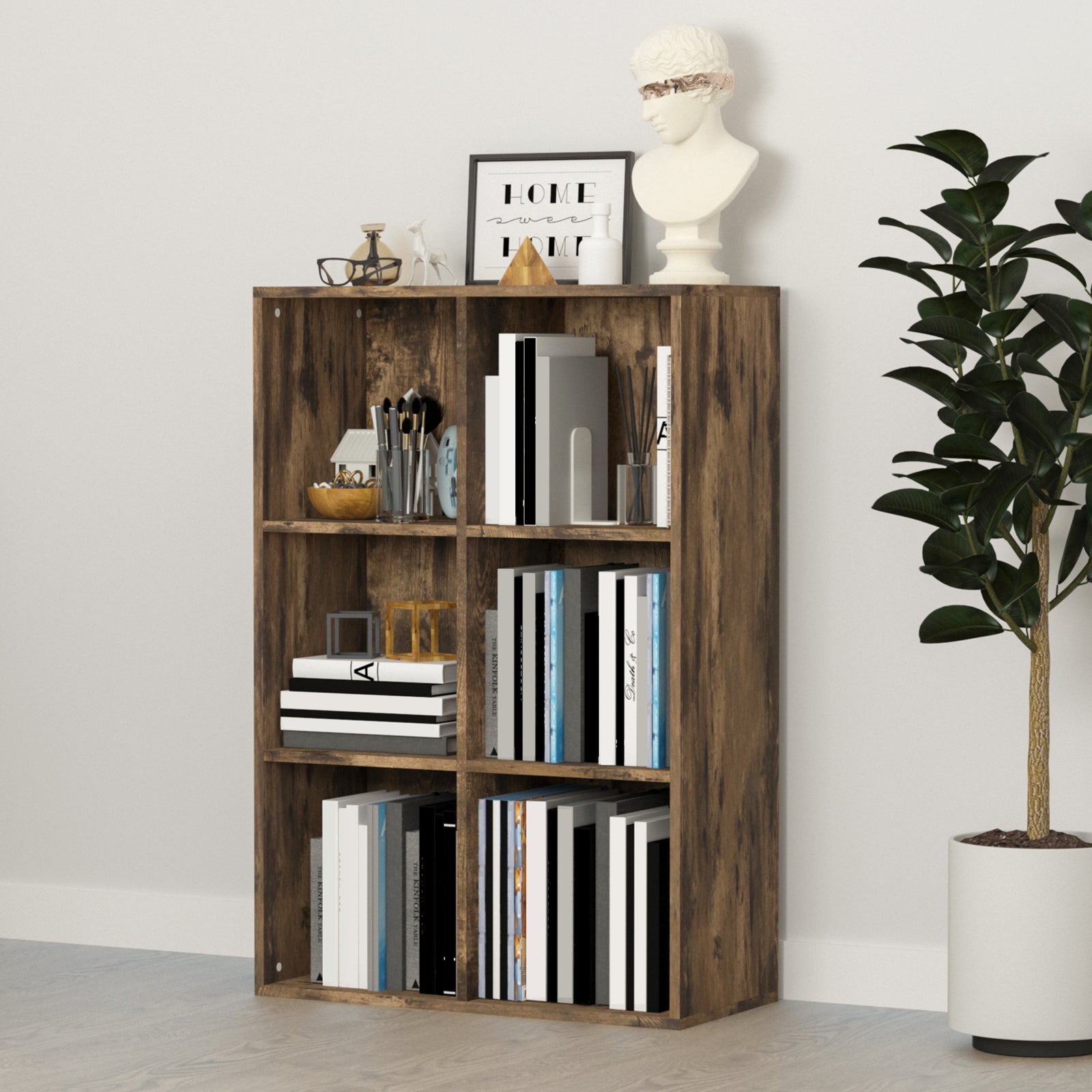 Six-Cube Bookcase - Rustic Brown Wood Effect