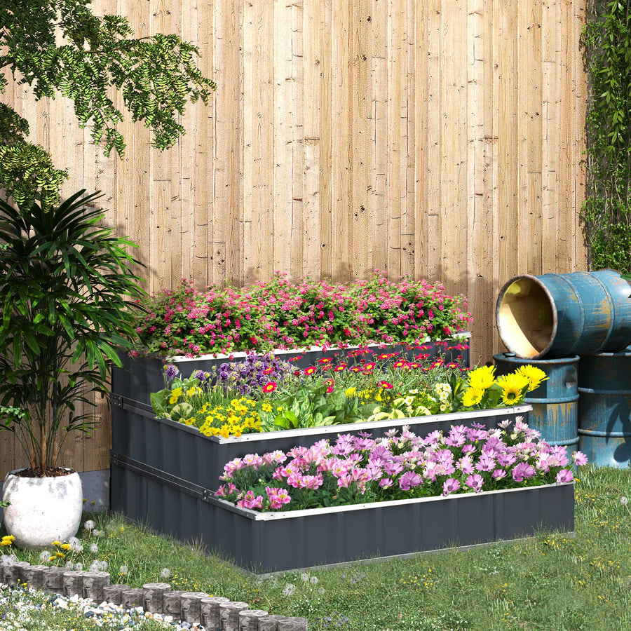 3 Tier Raised Garden Bed, Metal Elevated Planer Box Kit Flower Pot w/ A Pairs of Glove for Garden, Patio to Grow Vegetables, Herbs, Flowers, 118 x 118 x 62 cm, Grey