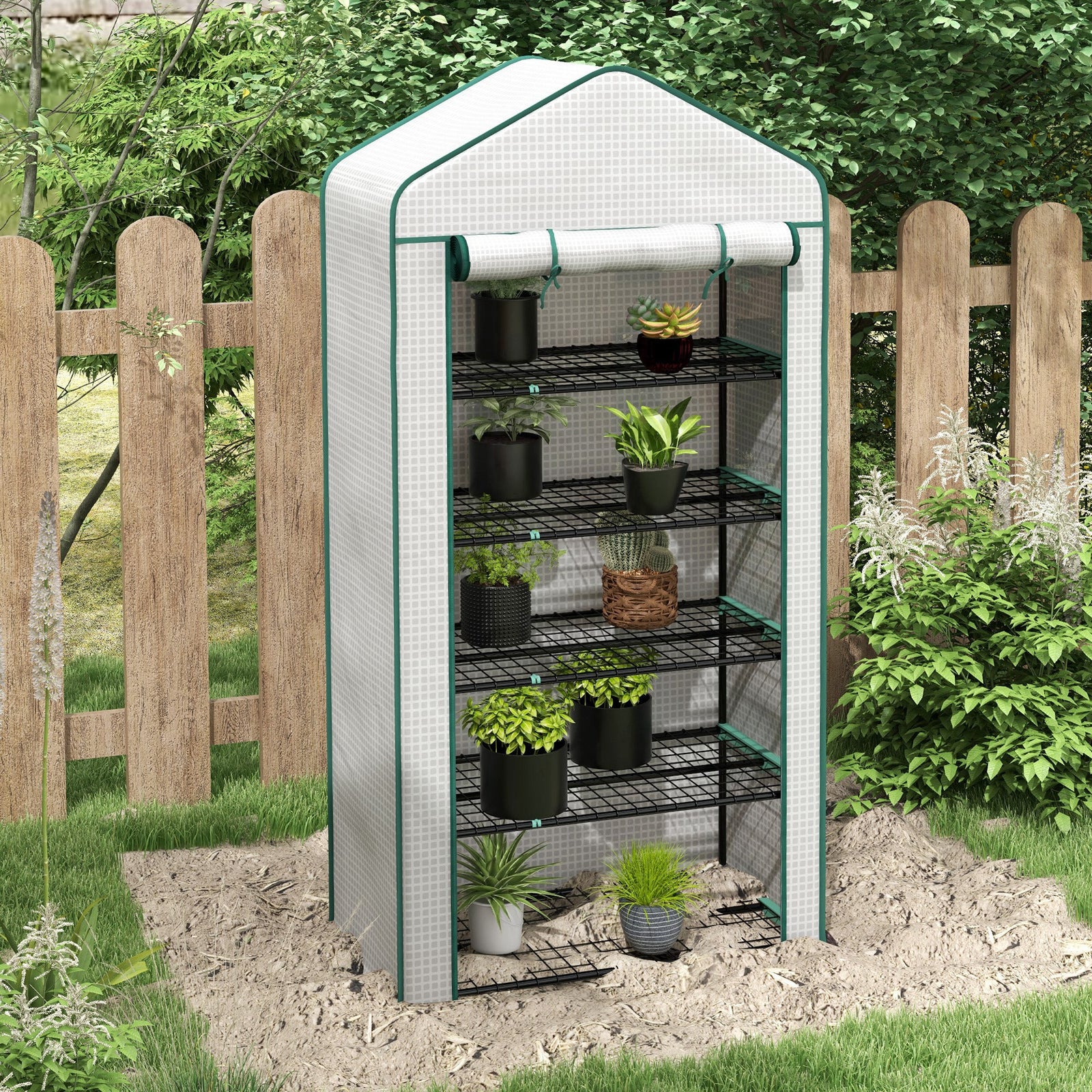 5 Tier Widened Mini Greenhouse with Reinforced PE Cover, Portable Indoor Outdoor Green House with Roll-up Door and Wire Shelves, 193H x 90W x 49Dcm, White