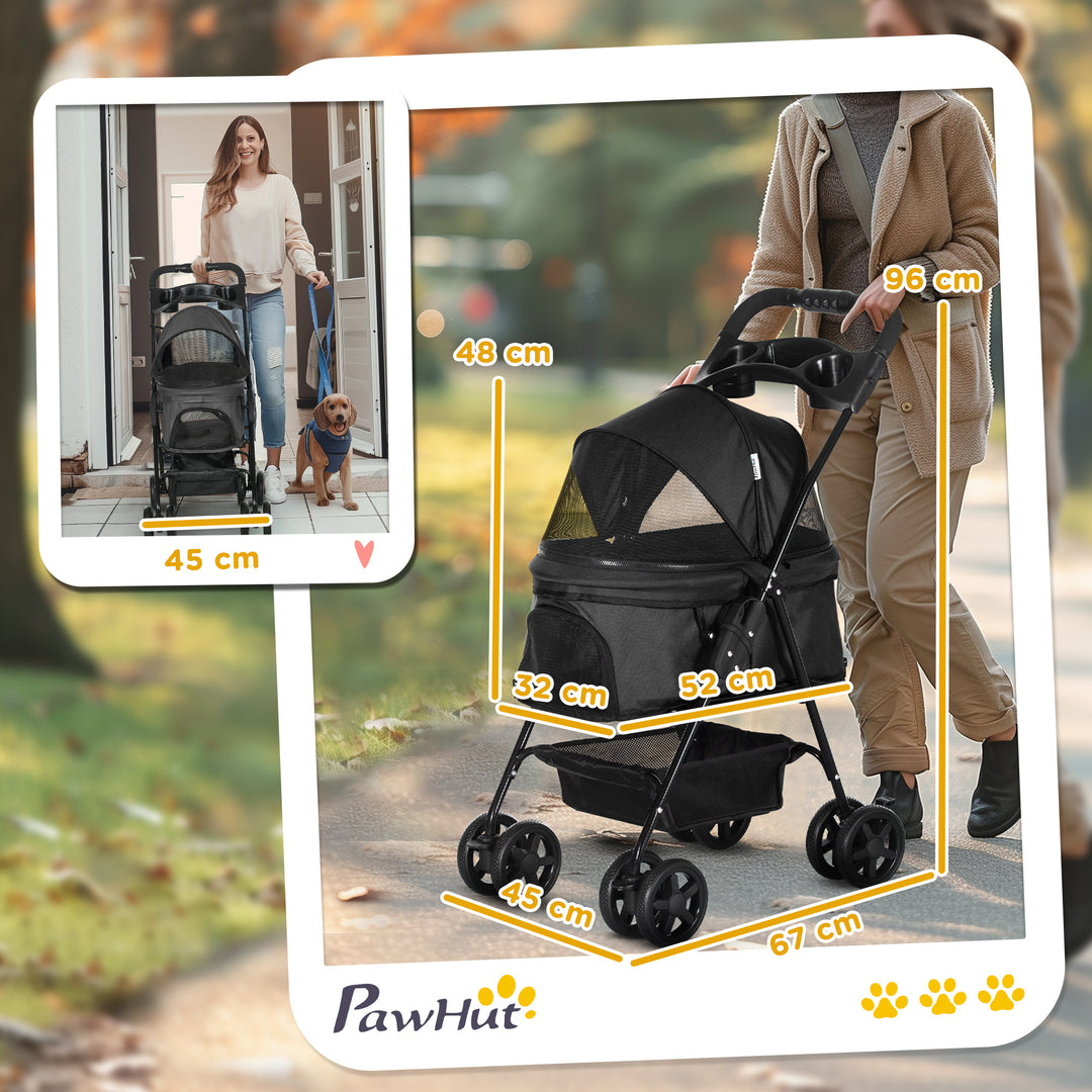 PawHut Pet Stroller, Foldable Cat Dog Pushchair, Pet Travel Carriage with 4 Wheels, Adjustable Canopy, Safety Leashes, Storage Basket and Cup Holder for Small Dogs, Black