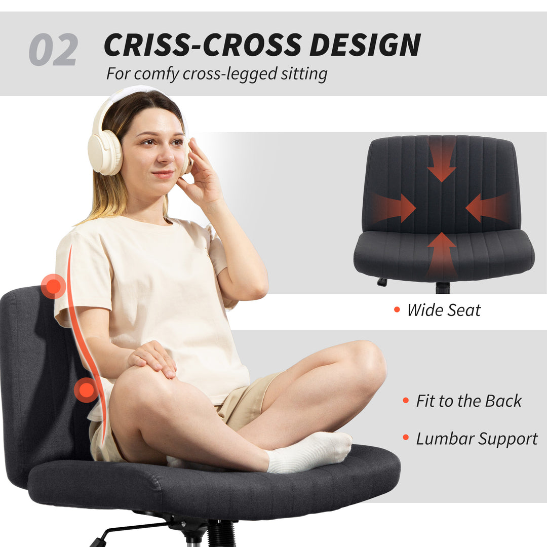 Armless Office Chair No Wheels, Linen Fabric Criss Cross Legged Desk Chair with Wide Seat, Thick Padding, Tilt Function, Height Adjustable Swivel Computer Seat for Home, Black
