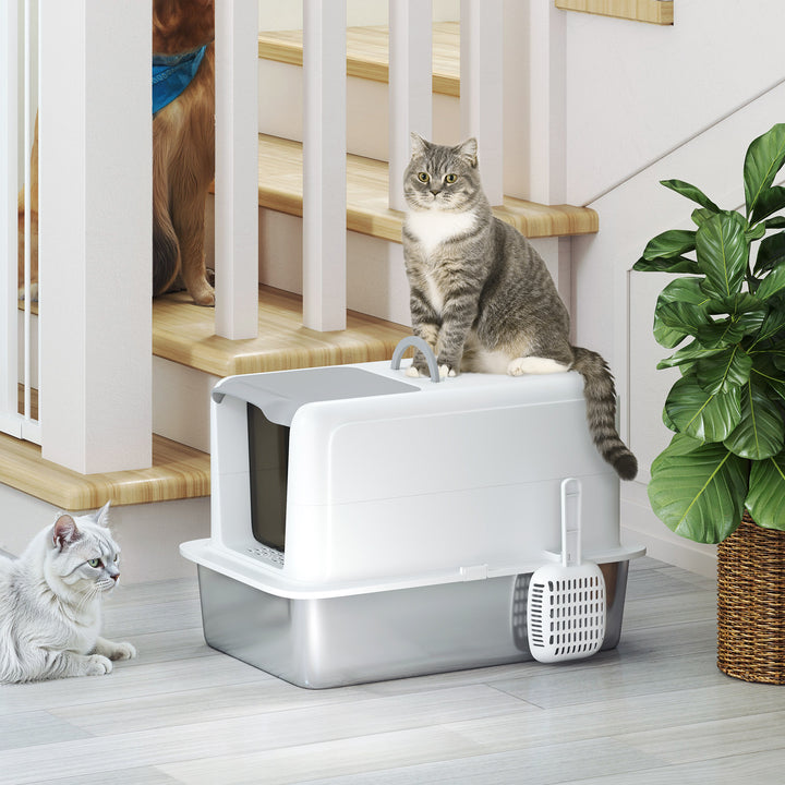 Stainless Steel Cat Litter Box with Removable Lid, Scoop, Filter Bags, for Larger Cats, White
