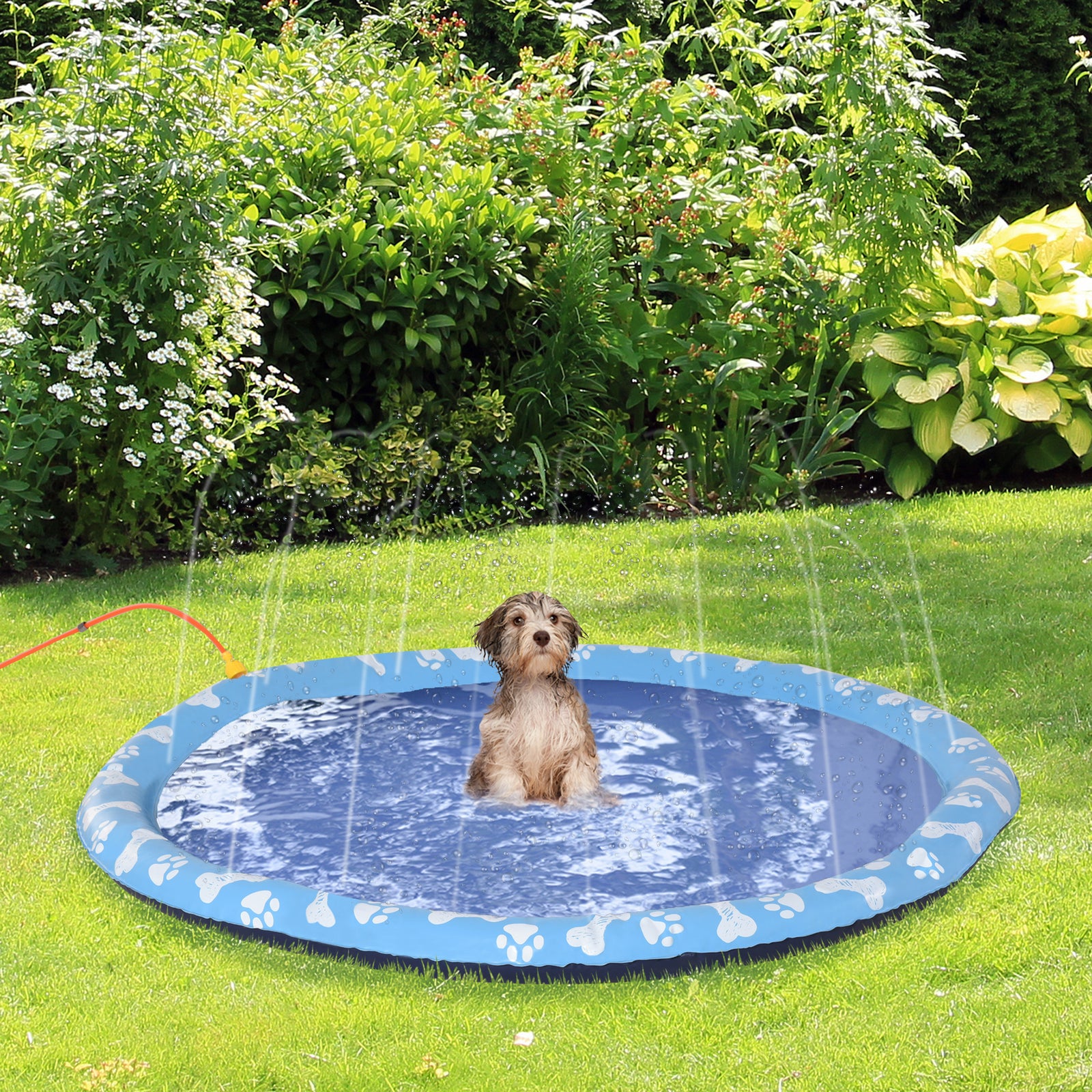 Dog Splash Pad, Pet Sprinkler Mat, Non-Slip Dog Paddling Pool, Foldable Outdoor Sprinkler and Splash Mat Water Play for Garden, Patio, Summer Fun, 170 cm