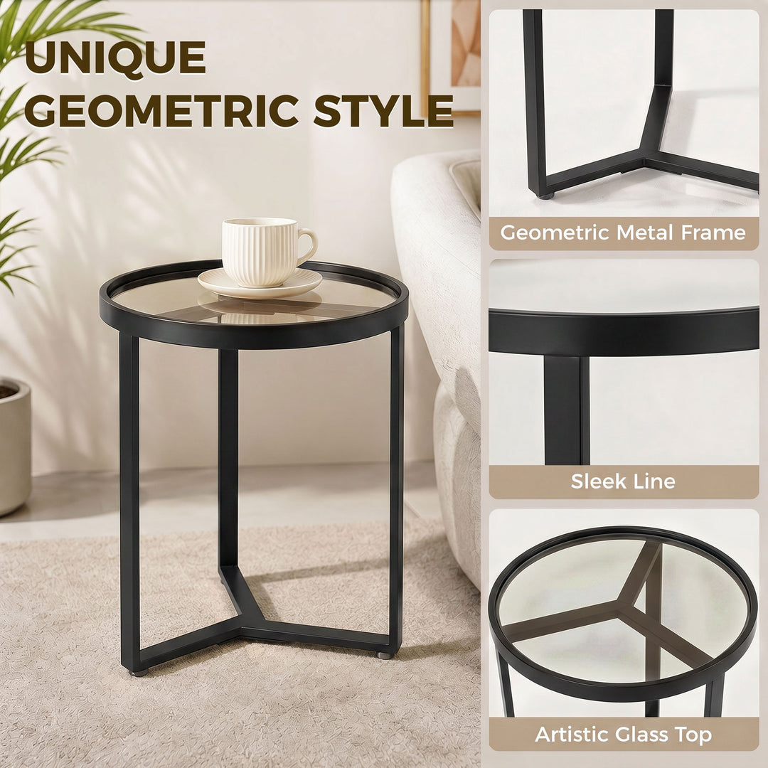 Round Side Table with Tempered Glass Top and Geometric Metal Frame for