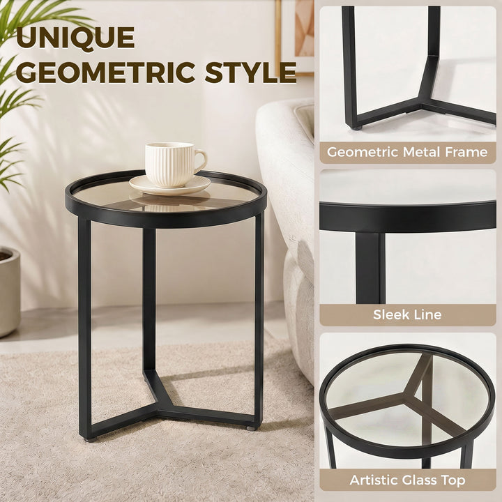 Round Side Table with Tempered Glass Top and Geometric Metal Frame for