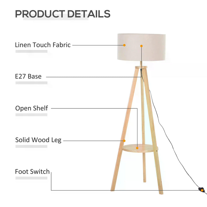 HOMCOM Freestanding Tripod Floor Lamp Bedside Light Reading Light with Storage Shelf Linen Shade for Living Room Bedroom, 154cm, Cream | Aosom UK